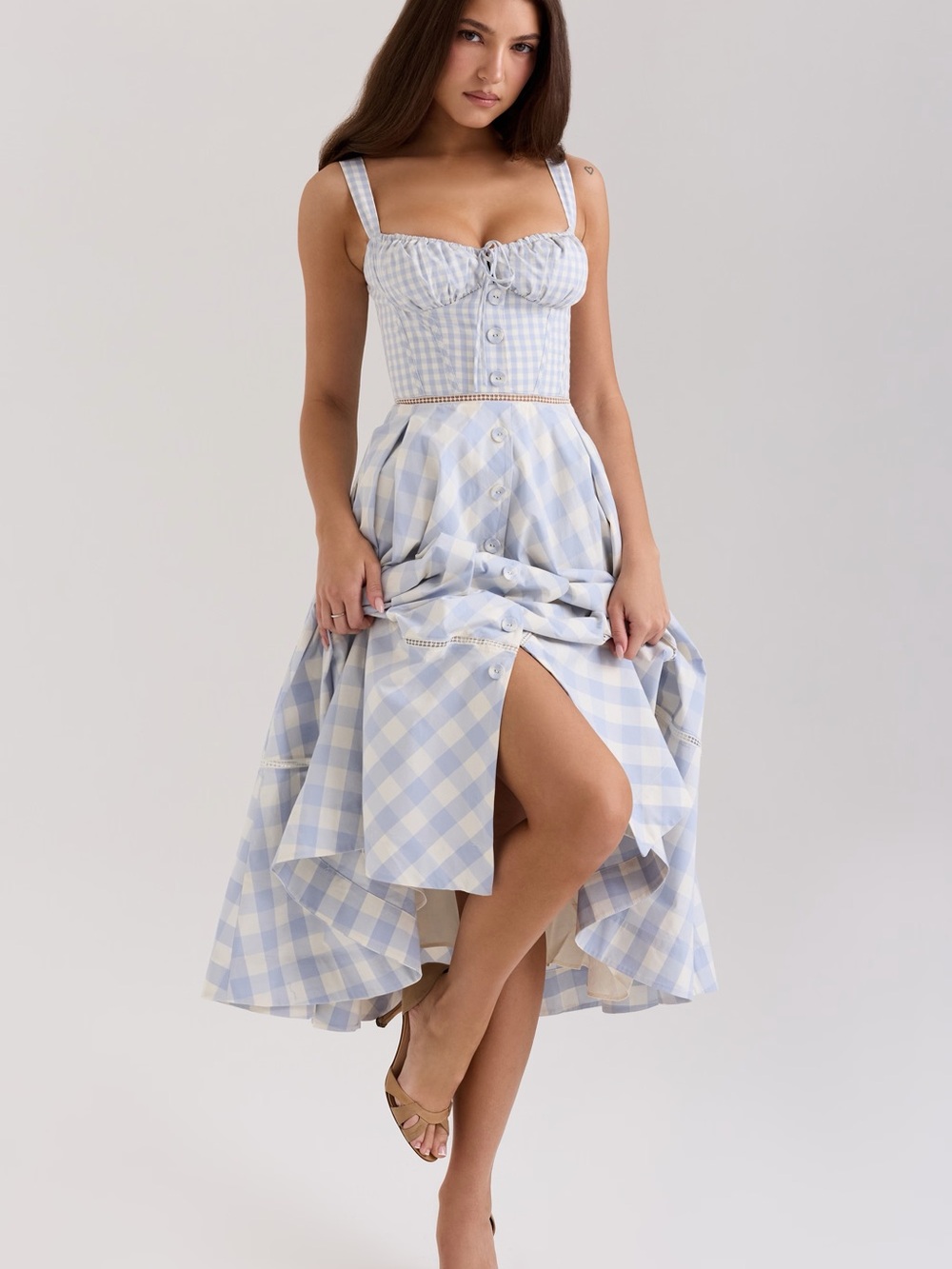 House of CB Light Blue and White Gingham Midi Dress - Picture 2 of 6